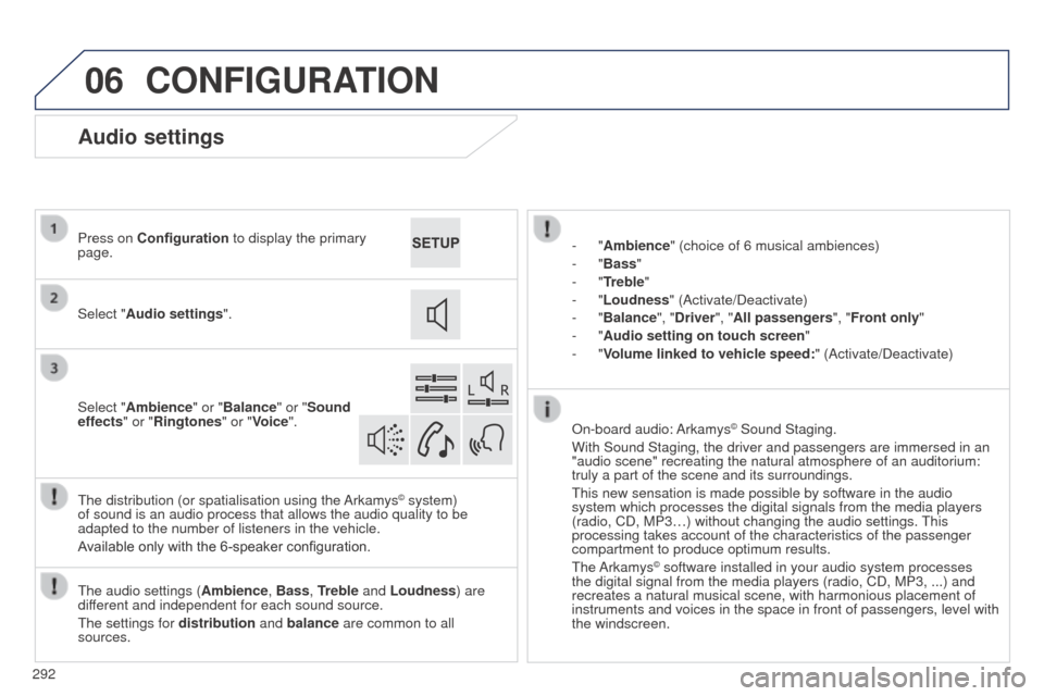 Peugeot 508 RXH 2014 Owners Manual 06
292
508RXH_en_Chap11c_SMegplus-i_ed01-2014
CONFIGURATION
- "Ambience" (choice of 6 musical ambiences)
- "Bass "
-
"Treble"
-
"Loudness" (Activate/Deactivate)
-
"Balance", "Driver ", "All pa Peugeot 508 RXH 2014 Owners Manual 06
292
508RXH_en_Chap11c_SMegplus-i_ed01-2014
CONFIGURATION
- "Ambience" (choice of 6 musical ambiences)
- "Bass "
-
"Treble"
-
"Loudness" (Activate/Deactivate)
-
"Balance", "Driver ", "All pa