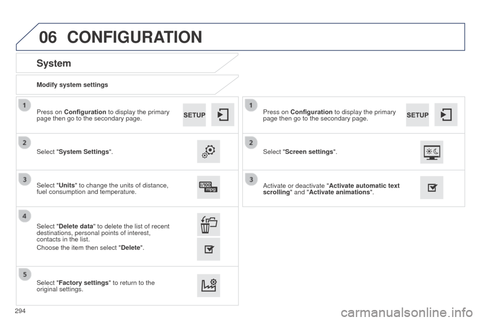 Peugeot 508 RXH 2014  Owners Manual 06
294
508RXH_en_Chap11c_SMegplus-i_ed01-2014
Modify system settings
System
Select "System Settings". Press on Configuration to display the primary 
page then go to the secondary page.
Select "Units" 