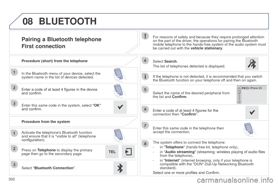 Peugeot 508 RXH 2014 Owners Manual 302
08
508RXH_en_Chap11c_SMegplus-i_ed01-2014
Pairing a Bluetooth telephone
First connectionFor reasons of safety and because they require prolonged attention
on the part of the driver, the operation Peugeot 508 RXH 2014 Owners Manual 302
08
508RXH_en_Chap11c_SMegplus-i_ed01-2014
Pairing a Bluetooth telephone
First connectionFor reasons of safety and because they require prolonged attention
on the part of the driver, the operation