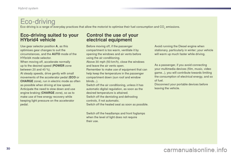 Peugeot 508 RXH 2014 Owners Guide 30
508RXH_en_Chap00c_systeme-hybride_ed01-2014
eco-driving
eco-driving is a range of everyday practices that allow the motorist to optimise their fuel consumption and CO2 emissions.
Eco-driving suited