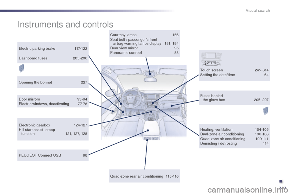 Peugeot 508 RXH 2014  Owners Manual 317
508RXH_en_Chap12_recherche-visuelle_ed01-2014
Instruments and controls
Courtesy lamps 156
Seat belt / passengers front   airbag warning lamps display
 1

81, 184
Rear view mirror
 
9
 5
Panoramic