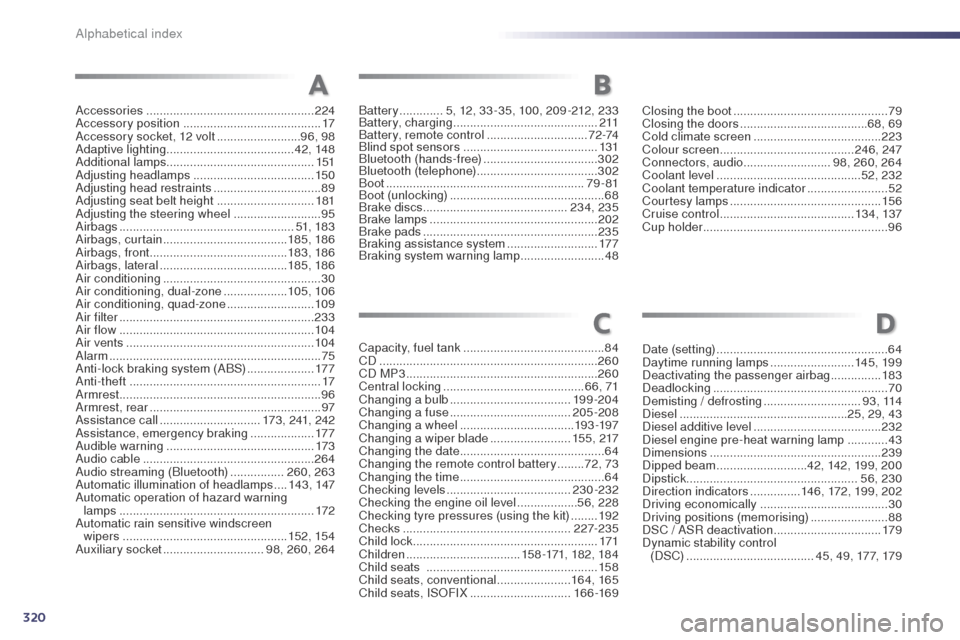 Peugeot 508 RXH 2014 User Guide 320
508RXH_en_Chap13_index-alpha_ed01-2014
Accessories .................................................. 224
Accessory position  ......................................... 17
Accessory socket, 12 volt