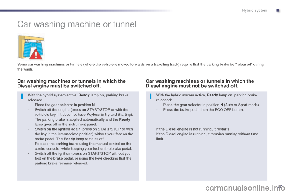 Peugeot 508 RXH 2014 Owners Guide 37
508RXH_en_Chap00c_systeme-hybride_ed01-2014
Car washing machine or tunnel
Some car washing machines or tunnels (where the vehicle is moved for wards on a travelling track) require that the parking 
