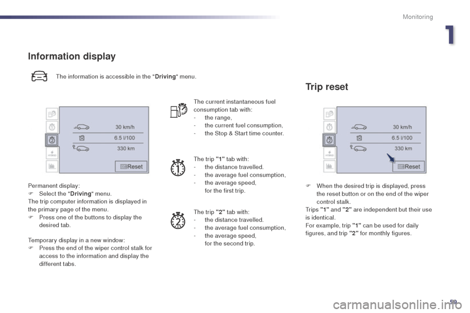 Peugeot 508 RXH 2014 Repair Manual 59
508RXH_en_Chap01_controle-de-marche_ed01-2014
Information display
the information is accessible in the "Driving" menu.
Permanent display:
F
 
Sel

ect the " Driving" menu.
th

e trip computer infor