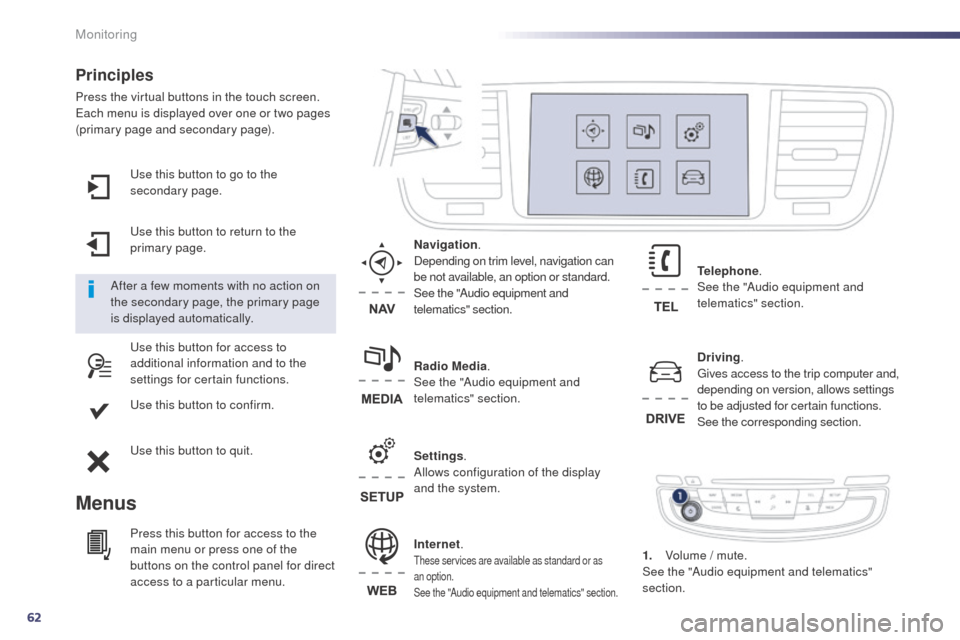 Peugeot 508 RXH 2014  Owners Manual 62
use this button to go to the 
secondary page.
us
e this button to return to the 
primary page.
us

e this button for access to 
additional information and to the 
settings for certain functions.
us