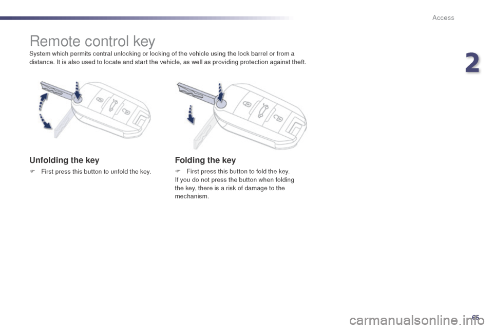 Peugeot 508 RXH 2014  Owners Manual 65
508RXH_en_Chap02_ouvertures_ed01-2014
System which permits central unlocking or locking of the vehicle using the lock barrel or from a 
distance. It is also used to locate and start the vehicle, as