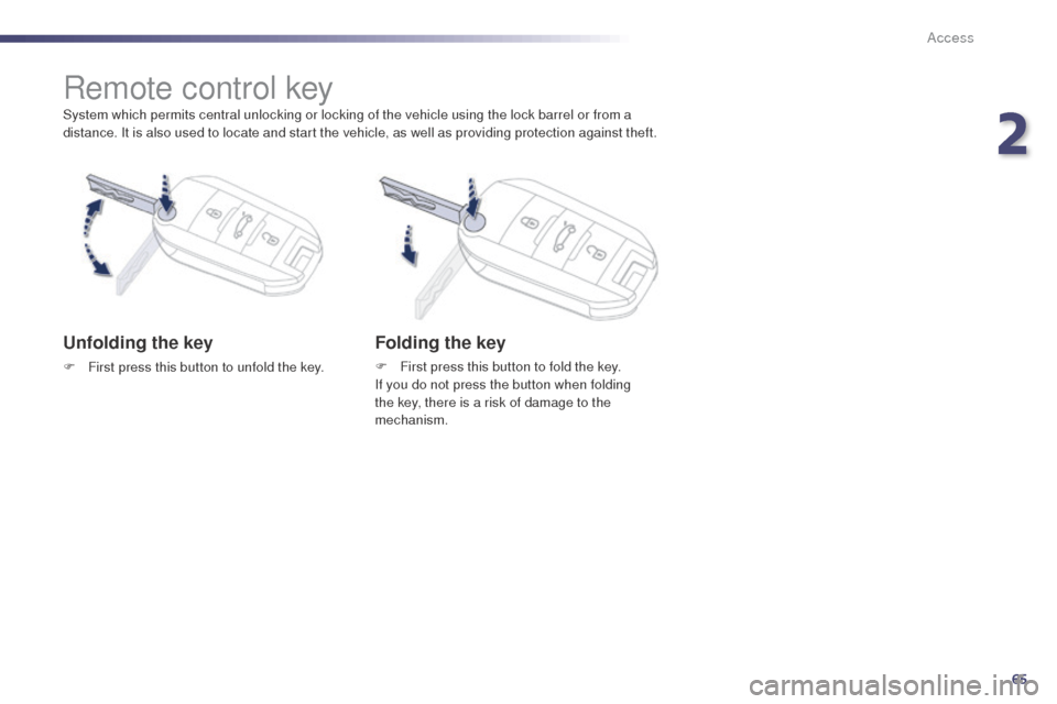Peugeot 508 RXH 2014 Repair Manual 65
508RXH_en_Chap02_ouvertures_ed01-2014
System which permits central unlocking or locking of the vehicle using the lock barrel or from a 
distance. It is also used to locate and start the vehicle, as