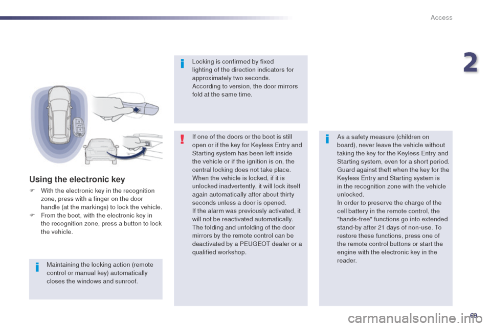 Peugeot 508 RXH 2014  Owners Manual 69
508RXH_en_Chap02_ouvertures_ed01-2014
If one of the doors or the boot is still 
open or if the key for Keyless en try and 
Starting system has been left inside 
the vehicle or if the ignition is on