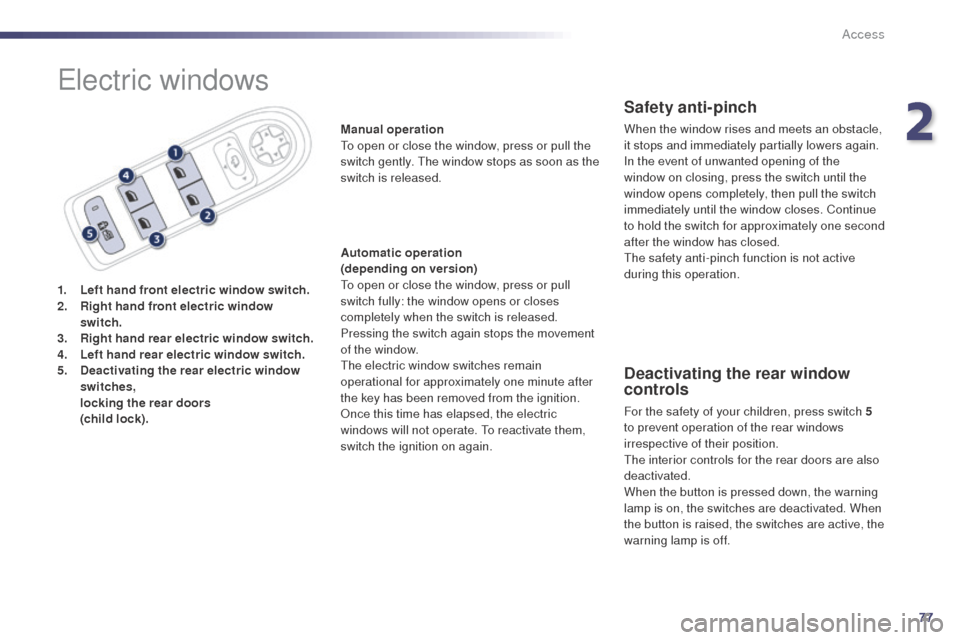 Peugeot 508 RXH 2014 Manual PDF 77
508RXH_en_Chap02_ouvertures_ed01-2014
electric windows
1. Left hand front electric window switch.
2. Right hand front electric window 
switch.
3.
 R

ight hand rear electric window switch.
4.
 Le

