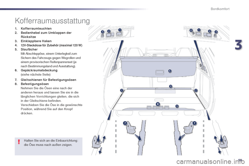 Peugeot 508 RXH 2014  Betriebsanleitung (in German) 99
508RXH_de_Chap03_confort_ed01-2014
Kofferraumausstattung
1. Kofferraumleuchten
2. Bedienhebel zum Umklappen der 
Rücksitze
3.
 E

inklappbare Haken
4.
 12V- Steckdose für Zubehör (maximal 120 W)