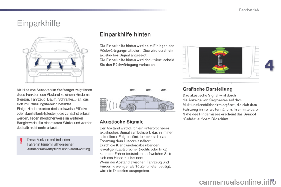 Peugeot 508 RXH 2014 Betriebsanleitung (in German) 139
508RXH_de_Chap04_conduite_ed01-2014
Mit Hilfe von Sensoren im Stoßfänger zeigt Ihnen
diese Funktion den Abstand zu einem Hindernis
(Person, Fahrzeug, Baum, Schranke...) an, das
sich im e
r
f Peugeot 508 RXH 2014 Betriebsanleitung (in German) 139
508RXH_de_Chap04_conduite_ed01-2014
Mit Hilfe von Sensoren im Stoßfänger zeigt Ihnen
diese Funktion den Abstand zu einem Hindernis
(Person, Fahrzeug, Baum, Schranke...) an, das
sich im e
r
f