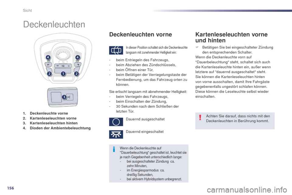 Peugeot 508 RXH 2014 Betriebsanleitung (in German) 156
508RXH_de_Chap05_visibilite_ed01-2014
1. Deckenleuchte vorne
2. K artenleseleuchten vorne
3.
K
artenleseleuchten hinten
4.
Di
oden der Ambientebeleuchtung
Deckenleuchten
In dieser Position sc Peugeot 508 RXH 2014 Betriebsanleitung (in German) 156
508RXH_de_Chap05_visibilite_ed01-2014
1. Deckenleuchte vorne
2. K artenleseleuchten vorne
3.
K
artenleseleuchten hinten
4.
Di
oden der Ambientebeleuchtung
Deckenleuchten
In dieser Position sc
