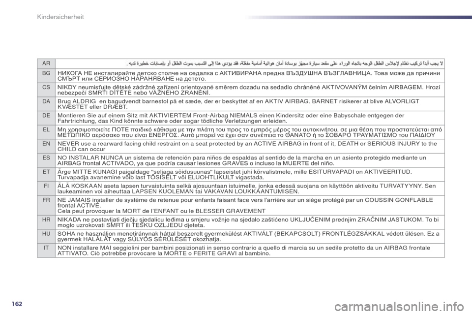 Peugeot 508 RXH 2014  Betriebsanleitung (in German) 162
AR
B g
НИКОГА НЕ инсталирайте детско столче на седалка с АКТИВИРАНА предна ВЪЗДУШНА ВЪЗГЛАВНИЦ А. Това може д�