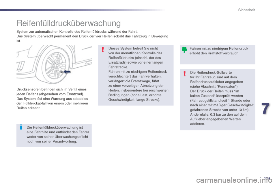 Peugeot 508 RXH 2014 Betriebsanleitung (in German) 175
508RXH_de_Chap07_securite_ed01-2014
Reifenfülldrucküberwachung
System zur automatischen Kontrolle des Reifenfülldrucks während der Fahrt.
Das System über wacht permanent den Druck der vier Re Peugeot 508 RXH 2014 Betriebsanleitung (in German) 175
508RXH_de_Chap07_securite_ed01-2014
Reifenfülldrucküberwachung
System zur automatischen Kontrolle des Reifenfülldrucks während der Fahrt.
Das System über wacht permanent den Druck der vier Re