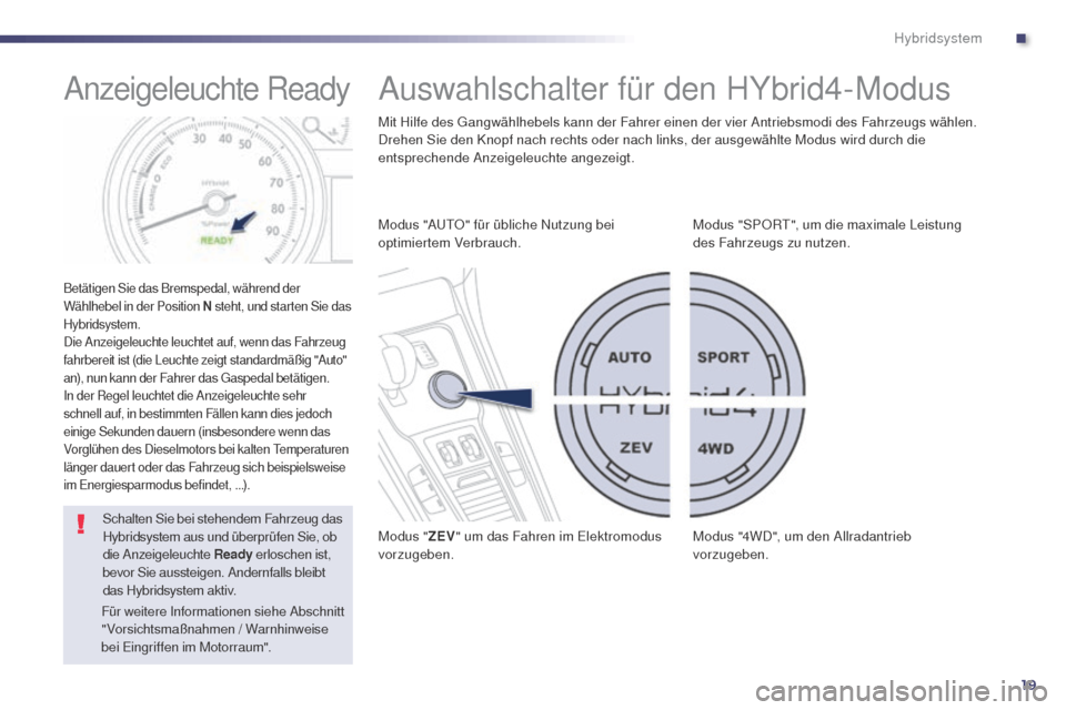 Peugeot 508 RXH 2014  Betriebsanleitung (in German) 19
508RXH_de_Chap00c_systeme-hybride_ed01-2014
Anzeigeleuchte Ready
Betätigen Sie das Bremspedal, während der 
Wählhebel in der Position N steht, und starten Sie das 
Hybridsystem.
Die Anzeigeleuch