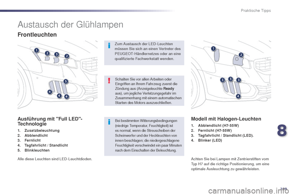 Peugeot 508 RXH 2014 Betriebsanleitung (in German) 199
508RXH_de_Chap08_info-pratiques_ed01-2014
Austausch der glühlampen
Frontleuchten
Ausführung mit "Full LED"-
Technologie
1. Zusatzbeleuchtung
2. A
bblendlicht
3.
F
ernlicht
4.
T
agfahrlicht Peugeot 508 RXH 2014 Betriebsanleitung (in German) 199
508RXH_de_Chap08_info-pratiques_ed01-2014
Austausch der glühlampen
Frontleuchten
Ausführung mit "Full LED"-
Technologie
1. Zusatzbeleuchtung
2. A
bblendlicht
3.
F
ernlicht
4.
T
agfahrlicht