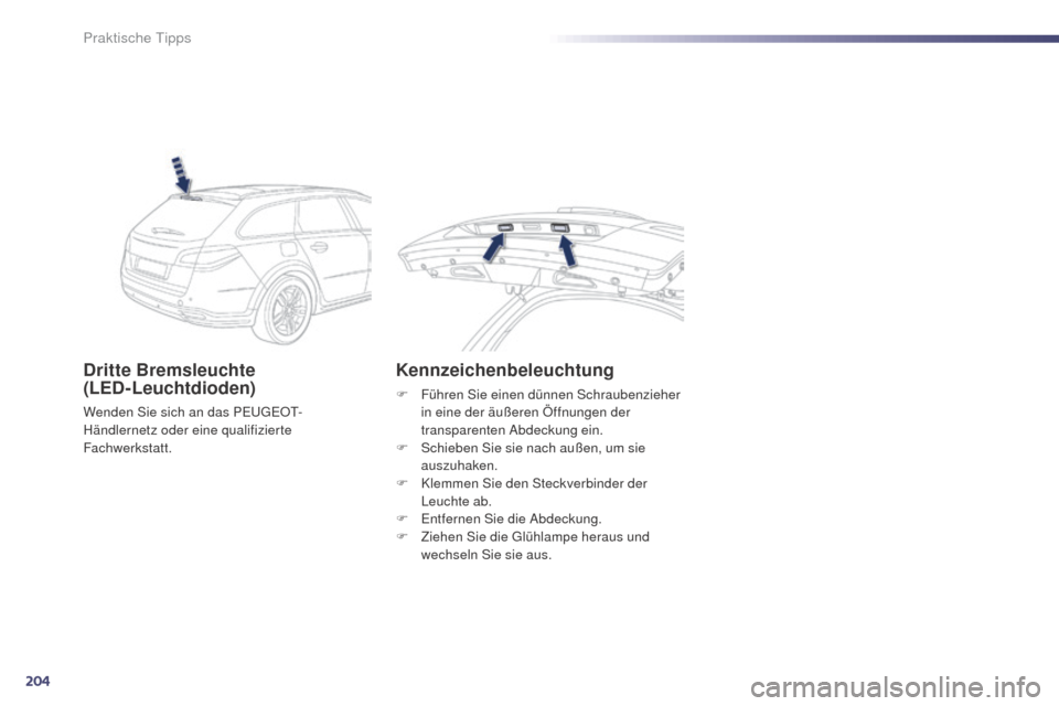 Peugeot 508 RXH 2014 Betriebsanleitung (in German) 204
508RXH_de_Chap08_info-pratiques_ed01-2014
Dritte Bremsleuchte
(LED-Leuchtdioden)
Wenden Sie sich an das Pe ugeOt-
H ändlernetz oder eine qualifizierte
Fachwerkstatt.
Kennzeichenbeleuchtung
F FÃ Peugeot 508 RXH 2014 Betriebsanleitung (in German) 204
508RXH_de_Chap08_info-pratiques_ed01-2014
Dritte Bremsleuchte
(LED-Leuchtdioden)
Wenden Sie sich an das Pe ugeOt-
H ändlernetz oder eine qualifizierte
Fachwerkstatt.
Kennzeichenbeleuchtung
F FÃ
