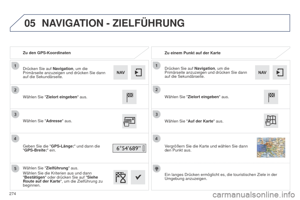 Peugeot 508 RXH 2014 Betriebsanleitung (in German) 05
274
508RXH_de_Chap11c_SMegplus-i_ed01-2014
Zu den GPS-KoordinatenZu einem Punkt auf der Karte
Wählen Sie " Zielort eingeben " aus.
Wählen Sie " Adresse" aus.
g
eben Sie die " GPS-Länge:" und da Peugeot 508 RXH 2014 Betriebsanleitung (in German) 05
274
508RXH_de_Chap11c_SMegplus-i_ed01-2014
Zu den GPS-KoordinatenZu einem Punkt auf der Karte
Wählen Sie " Zielort eingeben " aus.
Wählen Sie " Adresse" aus.
g
eben Sie die " GPS-Länge:" und da