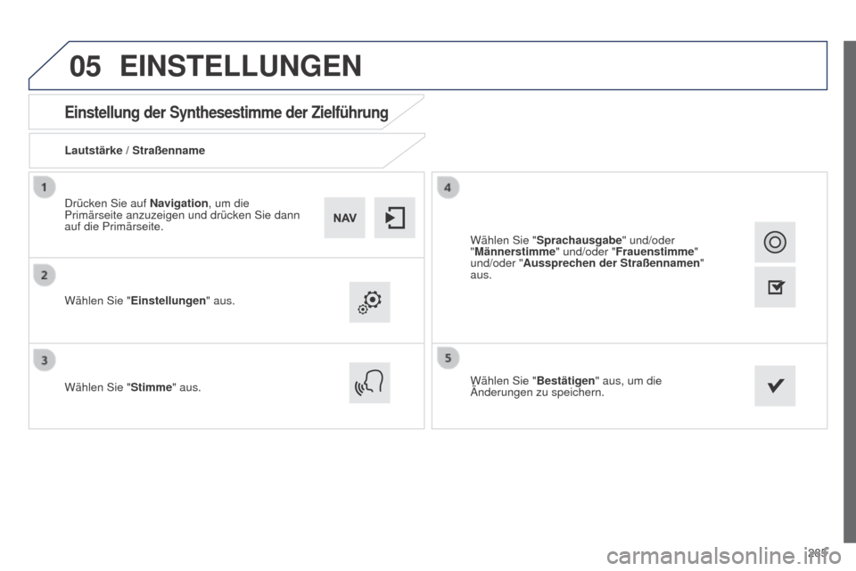 Peugeot 508 RXH 2014  Betriebsanleitung (in German) 285
05
508RXH_de_Chap11c_SMegplus-i_ed01-2014
Einstellung der Synthesestimme der Zielführung
Lautstärke / Straßenname
Wählen Sie "Einstellungen " aus.
Wählen Sie " Stimme" aus. Wählen Sie "
Best