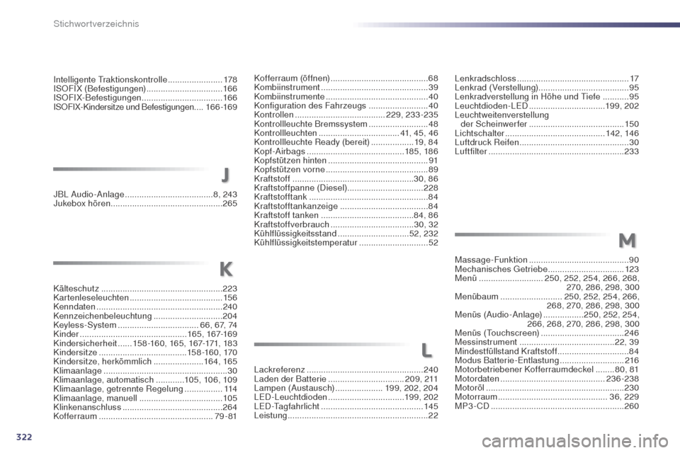 Peugeot 508 RXH 2014 Betriebsanleitung (in German) 322
508RXH_de_Chap13_index-alpha_ed01-2014
Lackreferenz ................................................. 240
Laden der Batterie ................................ 2 0 9 , 2 11
Lampen (Austausch)
... Peugeot 508 RXH 2014 Betriebsanleitung (in German) 322
508RXH_de_Chap13_index-alpha_ed01-2014
Lackreferenz ................................................. 240
Laden der Batterie ................................ 2 0 9 , 2 11
Lampen (Austausch)
...