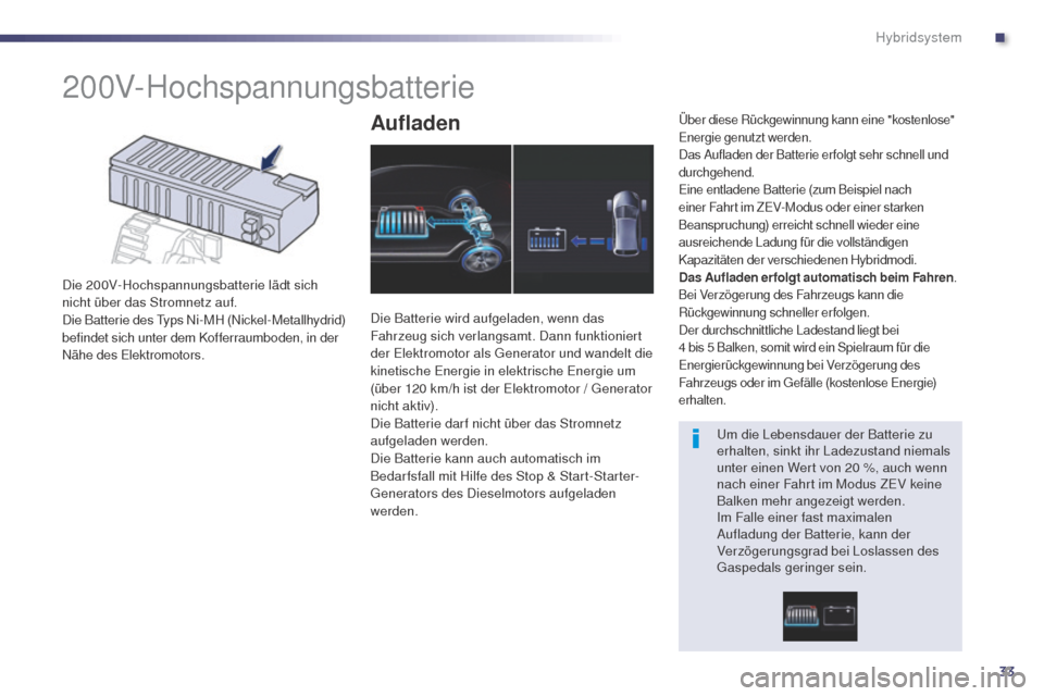 Peugeot 508 RXH 2014  Betriebsanleitung (in German) 33
508RXH_de_Chap00c_systeme-hybride_ed01-2014
200V-Hochspannungsbatterie
Die 200V-Hochspannungsbatterie lädt sich 
nicht über das Stromnetz auf.
Die Batterie des t
y
 ps Ni-MH (Nickel-Metallhydrid)