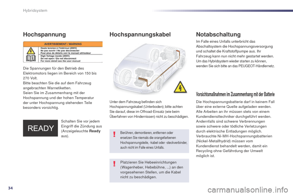 Peugeot 508 RXH 2014  Betriebsanleitung (in German) 34
508RXH_de_Chap00c_systeme-hybride_ed01-2014
Hochspannung
Schalten Sie vor jedem eingriff die Zündung aus 
(Anzeigeleuchte Ready  
au s).
Hochspannungskabel
unter dem Fahrzeug befinden sich 
Hochsp