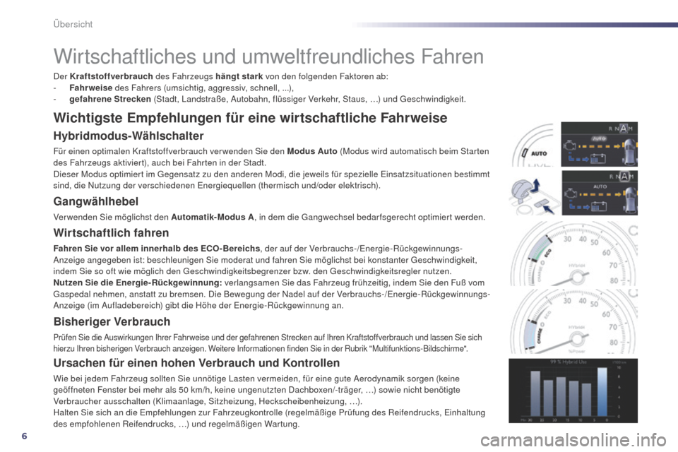 Peugeot 508 RXH 2014  Betriebsanleitung (in German) 6
508RXH_de_Chap00b_vue-ensemble_ed01-2014
Wirtschaftliches und umweltfreundliches Fahren
Der Kraftstoffverbrauch des Fahrzeugs hängt stark  von den folgenden Faktoren ab:
-  F ahrweise  des Fahrers 