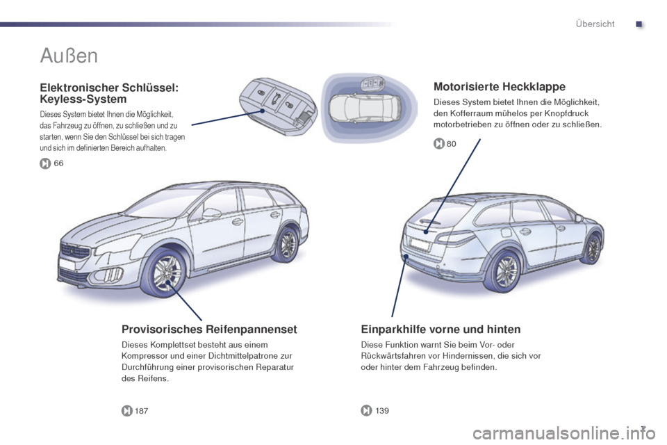 Peugeot 508 RXH 2014  Betriebsanleitung (in German) 7
80
187 13 9
66
508RXH_de_Chap00b_vue-ensemble_ed01-2014
Motorisierte Heckklappe
Dieses System bietet Ihnen die Möglichkeit, 
den Kofferraum mühelos per Knopfdruck 
motorbetrieben zu öffnen oder z