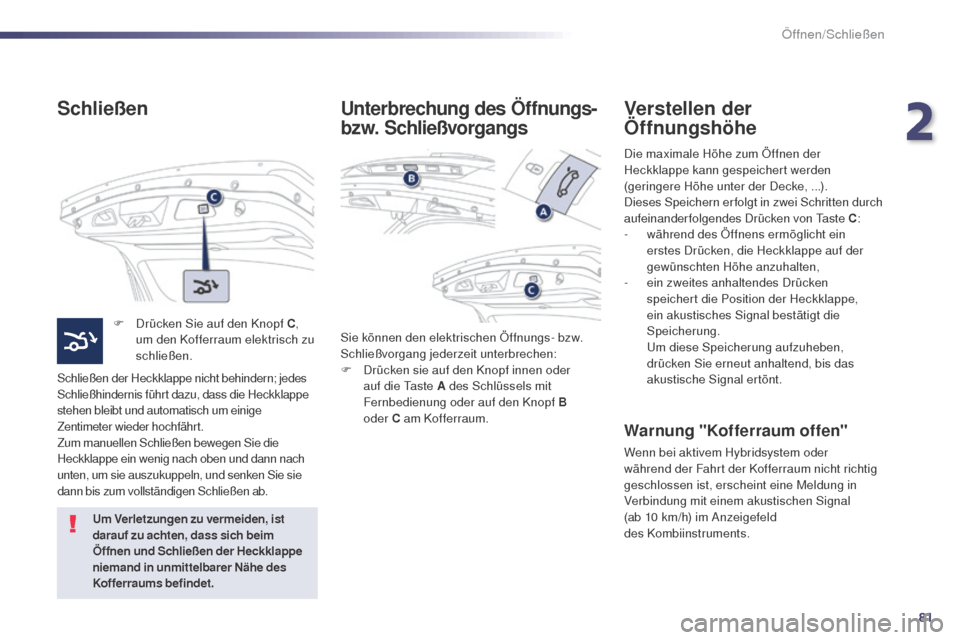Peugeot 508 RXH 2014 Betriebsanleitung (in German) 81
508RXH_de_Chap02_ouvertures_ed01-2014
Schließen
F Drücken Sie auf den Knopf C,
um den Kofferraum elektrisch zu
schließen.
Schließen der Heckklappe nicht behindern; jedes
Schließhindernis fà Peugeot 508 RXH 2014 Betriebsanleitung (in German) 81
508RXH_de_Chap02_ouvertures_ed01-2014
Schließen
F Drücken Sie auf den Knopf C,
um den Kofferraum elektrisch zu
schließen.
Schließen der Heckklappe nicht behindern; jedes
Schließhindernis fÃ