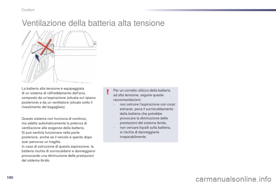 Peugeot 508 RXH 2014 Manuale del proprietario (in Italian) 100
508RXH_it_Chap03_confort_ed01-2014
Ventilazione della batteria alta tensione
Questo sistema non funziona di continuo,
ma adatta automaticamente la potenza di
ventilazione alle esigenze della bat Peugeot 508 RXH 2014 Manuale del proprietario (in Italian) 100
508RXH_it_Chap03_confort_ed01-2014
Ventilazione della batteria alta tensione
Questo sistema non funziona di continuo,
ma adatta automaticamente la potenza di
ventilazione alle esigenze della bat