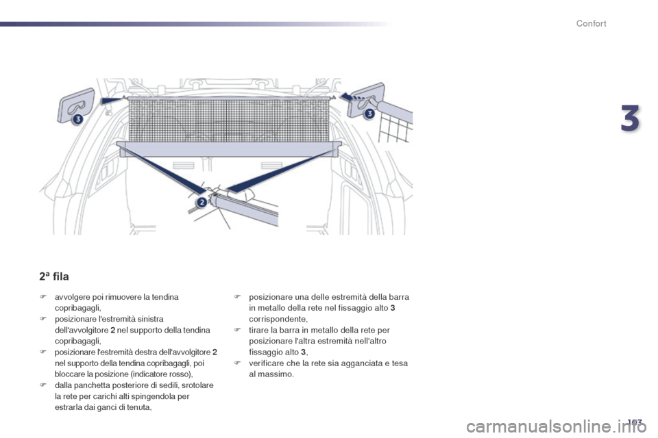 Peugeot 508 RXH 2014 Manuale del proprietario (in Italian) 103
508RXH_it_Chap03_confort_ed01-2014
F avvolgere poi rimuovere la tendina copribagagli,
F
p
osizionare lestremità sinistra
dellavvolgitore 2 nel supporto della tendina
copribagagli,
F
posiz Peugeot 508 RXH 2014 Manuale del proprietario (in Italian) 103
508RXH_it_Chap03_confort_ed01-2014
F avvolgere poi rimuovere la tendina copribagagli,
F
p
osizionare lestremità sinistra
dellavvolgitore 2 nel supporto della tendina
copribagagli,
F
posiz