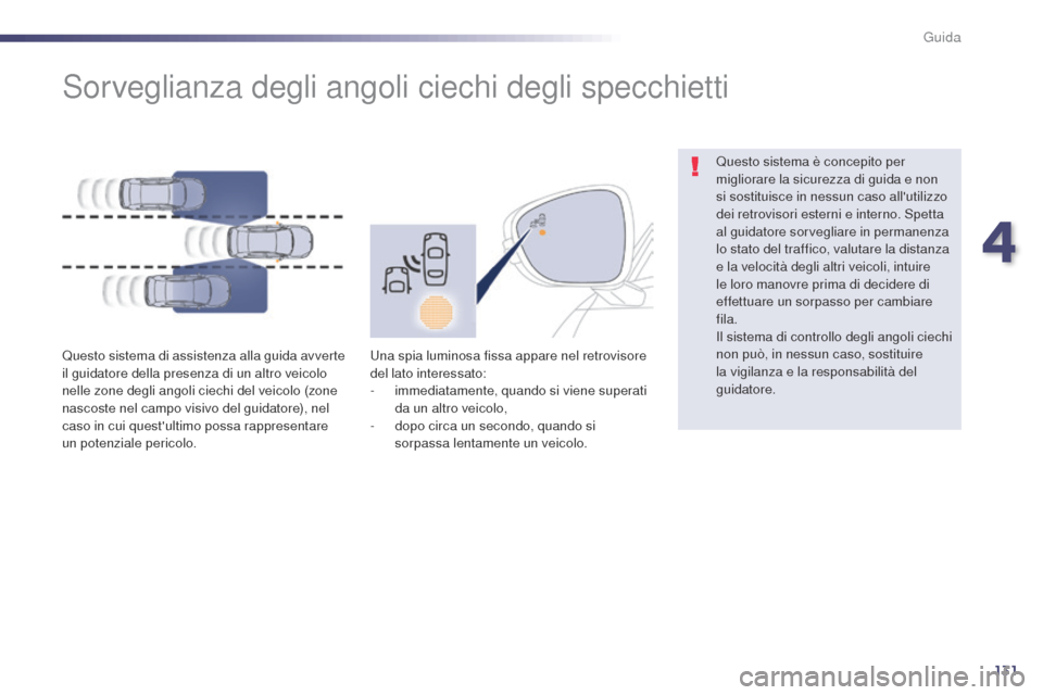 Peugeot 508 RXH 2014  Manuale del proprietario (in Italian) 131
508RXH_it_Chap04_conduite_ed01-2014
Sorveglianza degli angoli ciechi degli specchietti
Questo sistema di assistenza alla guida avverte 
il guidatore della presenza di un altro veicolo 
nelle zone 