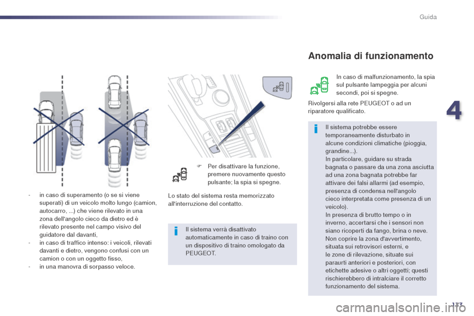 Peugeot 508 RXH 2014  Manuale del proprietario (in Italian) 133
508RXH_it_Chap04_conduite_ed01-2014
- in caso di superamento (o se si viene superati) di un veicolo molto lungo (camion, 
autocarro,
  ...) che viene rilevato in una 
zona dellangolo cieco da die