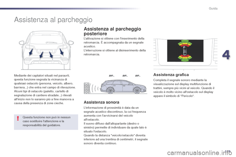 Peugeot 508 RXH 2014  Manuale del proprietario (in Italian) 139
508RXH_it_Chap04_conduite_ed01-2014
Mediante dei captatori situati nel paraurti, 
questa funzione segnala la vicinanza di 
qualsiasi ostacolo (persona, veicolo, albero, 
barriera...) che entra nel