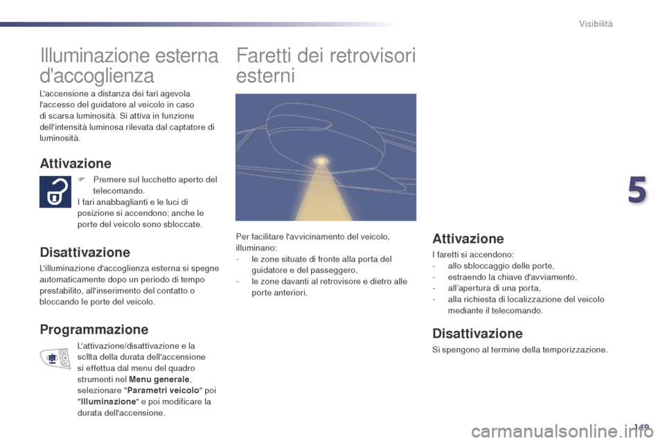 Peugeot 508 RXH 2014  Manuale del proprietario (in Italian) 149
508RXH_it_Chap05_visibilite_ed01-2014
Illuminazione esterna 
daccoglienza
Attivazione
Disattivazione
Lilluminazione daccoglienza esterna si spegne 
automaticamente dopo un periodo di tempo 
pre
