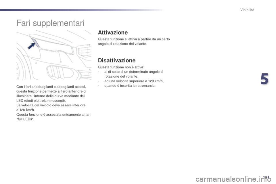 Peugeot 508 RXH 2014  Manuale del proprietario (in Italian) 151
508RXH_it_Chap05_visibilite_ed01-2014
Con i fari anabbaglianti o abbaglianti accesi, 
questa funzione permette al faro anteriore di 
illuminare linterno della curva mediante dei 
LED (diodi elett