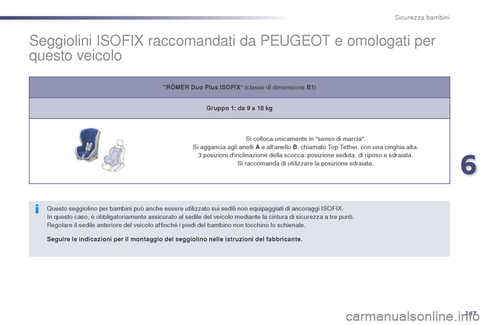 Peugeot 508 RXH 2014  Manuale del proprietario (in Italian) 167
508RXH_it_Chap06_securite-enfants_ed01-2014
Seggiolini ISOFIX raccomandati da PEUGEOT e omologati per 
questo veicolo
Questo seggiolino per bambini può anche essere utilizzato sui sedili non equi