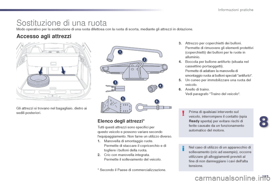 Peugeot 508 RXH 2014  Manuale del proprietario (in Italian) 193
508RXH_it_Chap08_info-pratiques_ed01-2014
Sostituzione di una ruotaModo operativo per la sostituzione di una ruota difettosa con la ruota di scorta, mediante gli attrezzi in dotazione.
Gli attrezz