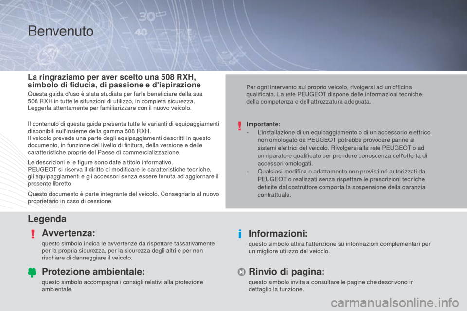 Peugeot 508 RXH 2014 Manuale del proprietario (in Italian) Benvenuto
LegendaAvvertenza:
questo simbolo indica le avvertenze da rispettare tassativamente
per la propria sicurezza, per la sicurezza degli altri e per non
rischiare di danneggiare il veicolo.
In Peugeot 508 RXH 2014 Manuale del proprietario (in Italian) Benvenuto
LegendaAvvertenza:
questo simbolo indica le avvertenze da rispettare tassativamente
per la propria sicurezza, per la sicurezza degli altri e per non
rischiare di danneggiare il veicolo.
In