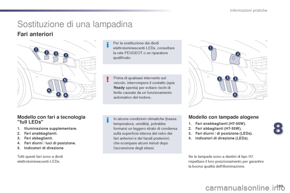 Peugeot 508 RXH 2014 Manuale del proprietario (in Italian) 199
508RXH_it_Chap08_info-pratiques_ed01-2014
Sostituzione di una lampadina
Fari anteriori
Modello con fari a tecnologia
"full LEDs"
1. Illuminazione supplementare.
2. Fari anabbaglianti.
3.
F
ari Peugeot 508 RXH 2014 Manuale del proprietario (in Italian) 199
508RXH_it_Chap08_info-pratiques_ed01-2014
Sostituzione di una lampadina
Fari anteriori
Modello con fari a tecnologia
"full LEDs"
1. Illuminazione supplementare.
2. Fari anabbaglianti.
3.
F
ari