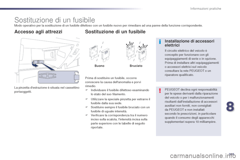Peugeot 508 RXH 2014 Manuale del proprietario (in Italian) 205
508RXH_it_Chap08_info-pratiques_ed01-2014
Sostituzione di un fusibileModo operativo per la sostituzione di un fusibile difettoso con un fusibile nuovo per rimediare ad una panne della funzione cor Peugeot 508 RXH 2014 Manuale del proprietario (in Italian) 205
508RXH_it_Chap08_info-pratiques_ed01-2014
Sostituzione di un fusibileModo operativo per la sostituzione di un fusibile difettoso con un fusibile nuovo per rimediare ad una panne della funzione cor