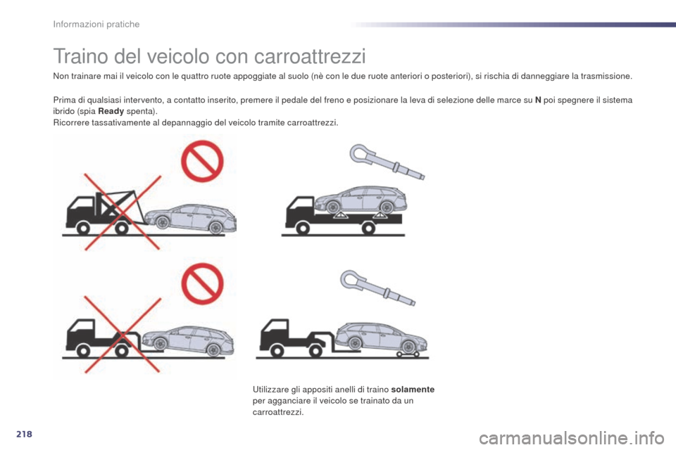 Peugeot 508 RXH 2014 Manuale del proprietario (in Italian) 218
508RXH_it_Chap08_info-pratiques_ed01-2014
Traino del veicolo con carroattrezzi
Non trainare mai il veicolo con le quattro ruote appoggiate al suolo (nè con le due ruote anteriori o posteriori), s Peugeot 508 RXH 2014 Manuale del proprietario (in Italian) 218
508RXH_it_Chap08_info-pratiques_ed01-2014
Traino del veicolo con carroattrezzi
Non trainare mai il veicolo con le quattro ruote appoggiate al suolo (nè con le due ruote anteriori o posteriori), s