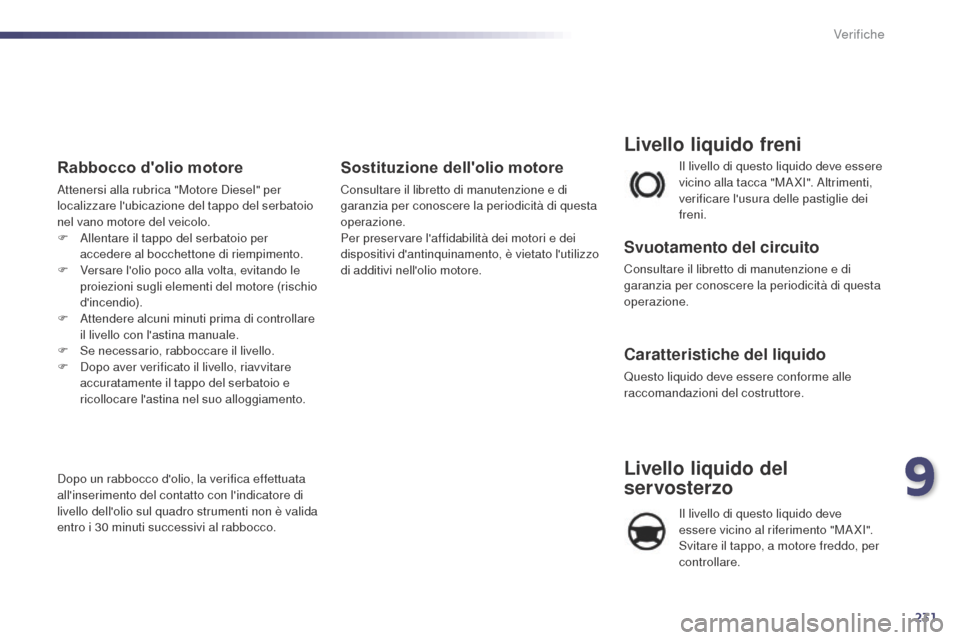 Peugeot 508 RXH 2014  Manuale del proprietario (in Italian) 231
508RXH_it_Chap09_verifications_ed01-2014
Il livello di questo liquido deve essere 
vicino alla tacca "MA XI". Altrimenti, 
verificare lusura delle pastiglie dei 
freni.
Livello liquido freni
Svuo