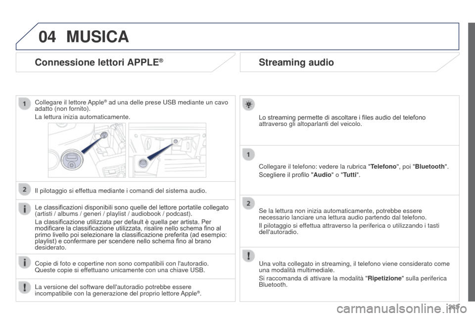 Peugeot 508 RXH 2014  Manuale del proprietario (in Italian) 263
04
508RXH_it_Chap11c_SMEGplus-i_ed01-2014
Streaming audio
Lo streaming permette di ascoltare i files audio del telefono 
attraverso gli altoparlanti del veicolo.
Collegare il telefono: vedere la r