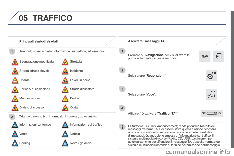 Peugeot 508 RXH 2014  Manuale del proprietario (in Italian) 281
05
508RXH_it_Chap11c_SMEGplus-i_ed01-2014
Triangolo rosso e giallo: informazioni sul traffico, ad esempio:
Segnalazione modificata
Pericolo di esplosione Strettoia
Strada dissestata
Strada sdrucci