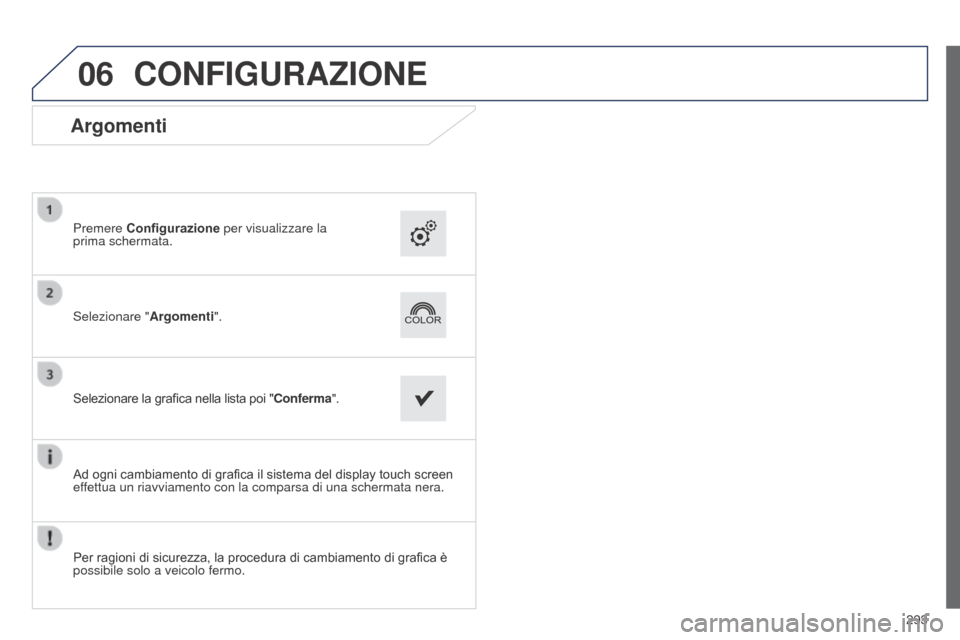 Peugeot 508 RXH 2014  Manuale del proprietario (in Italian) 06
293
508RXH_it_Chap11c_SMEGplus-i_ed01-2014
CONFIGURAZIONE
Argomenti
Selezionare "Argomenti".
Premere Configurazione per visualizzare la 
prima schermata.
Selezionare la grafica nella lista poi "Con