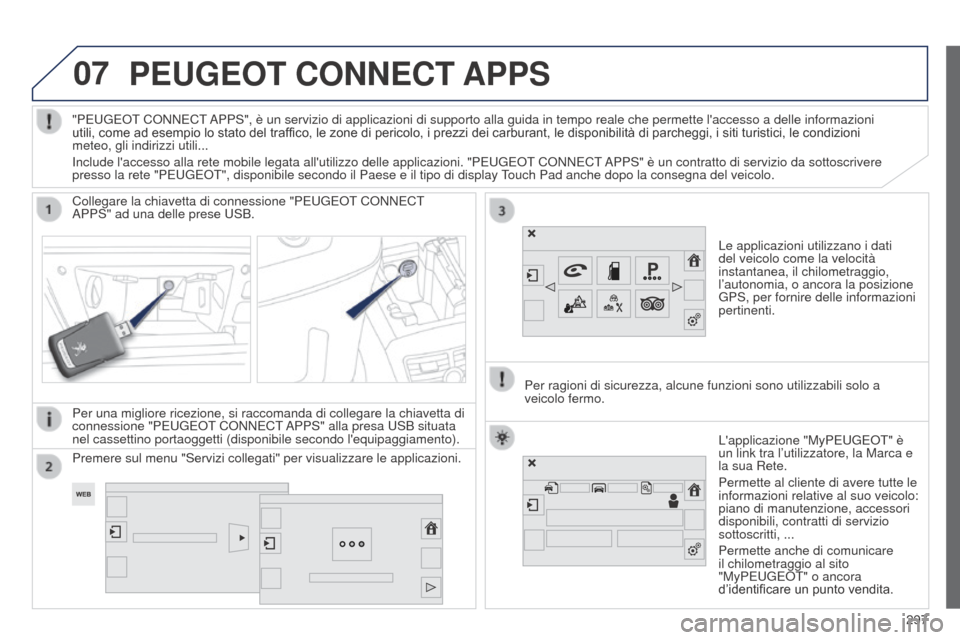 Peugeot 508 RXH 2014 Manuale del proprietario (in Italian) 07
297
508RXH_it_Chap11c_SMEGplus-i_ed01-2014
PEUGEOT CONNECT APPS
Le applicazioni utilizzano i dati
del veicolo come la velocità
instantanea, il chilometraggio,
l’autonomia, o ancora la posizio Peugeot 508 RXH 2014 Manuale del proprietario (in Italian) 07
297
508RXH_it_Chap11c_SMEGplus-i_ed01-2014
PEUGEOT CONNECT APPS
Le applicazioni utilizzano i dati
del veicolo come la velocità
instantanea, il chilometraggio,
l’autonomia, o ancora la posizio