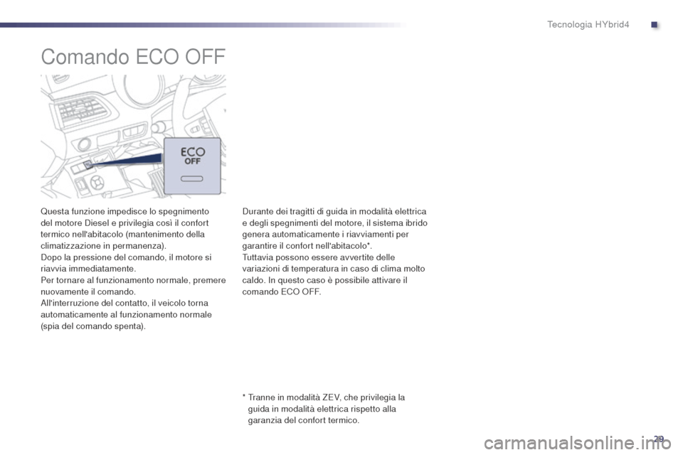 Peugeot 508 RXH 2014 Manuale del proprietario (in Italian) 29
508RXH_it_Chap00c_systeme-hybride_ed01-2014
Comando ECO OFF
Questa funzione impedisce lo spegnimento
del motore Diesel e privilegia così il confort
termico nellabitacolo (mantenimento della
cl Peugeot 508 RXH 2014 Manuale del proprietario (in Italian) 29
508RXH_it_Chap00c_systeme-hybride_ed01-2014
Comando ECO OFF
Questa funzione impedisce lo spegnimento
del motore Diesel e privilegia così il confort
termico nellabitacolo (mantenimento della
cl