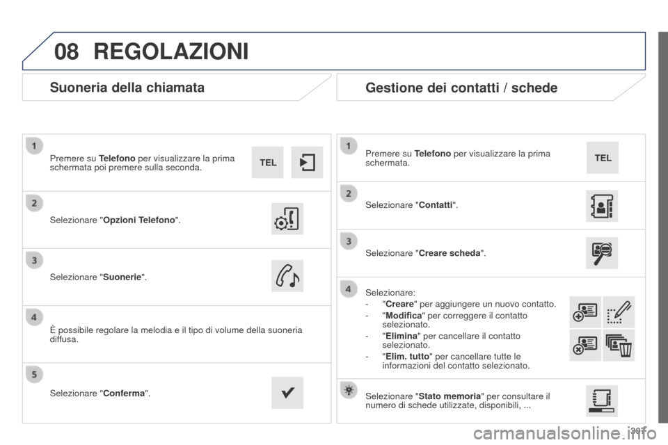 Peugeot 508 RXH 2014 Manuale del proprietario (in Italian) 307
08
508RXH_it_Chap11c_SMEGplus-i_ed01-2014
Suoneria della chiamata
Selezionare "Opzioni Telefono".
Premere su Telefono per visualizzare la prima
schermata poi premere sulla seconda.
Selezionare "
Peugeot 508 RXH 2014 Manuale del proprietario (in Italian) 307
08
508RXH_it_Chap11c_SMEGplus-i_ed01-2014
Suoneria della chiamata
Selezionare "Opzioni Telefono".
Premere su Telefono per visualizzare la prima
schermata poi premere sulla seconda.
Selezionare "
