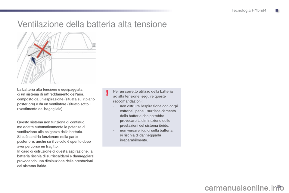 Peugeot 508 RXH 2014 Manuale del proprietario (in Italian) 35
508RXH_it_Chap00c_systeme-hybride_ed01-2014
Ventilazione della batteria alta tensione
La batteria alta tensione è equipaggiata
di un sistema di raffreddamento dellaria,
composto da unaspirazio Peugeot 508 RXH 2014 Manuale del proprietario (in Italian) 35
508RXH_it_Chap00c_systeme-hybride_ed01-2014
Ventilazione della batteria alta tensione
La batteria alta tensione è equipaggiata
di un sistema di raffreddamento dellaria,
composto da unaspirazio